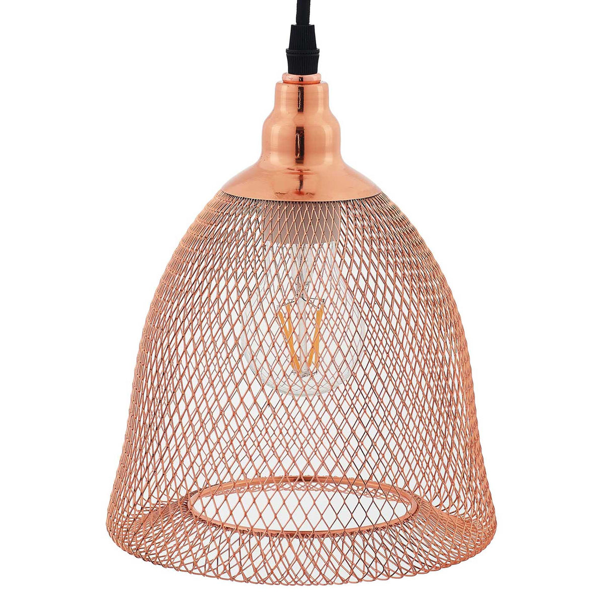 Rose gold wire mesh forms a bell-shaped shade with diamond openings and a polished metal fitting