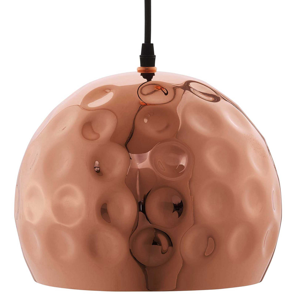 A rounded rose gold shade ripples with hammered circles for a richly reflective finish