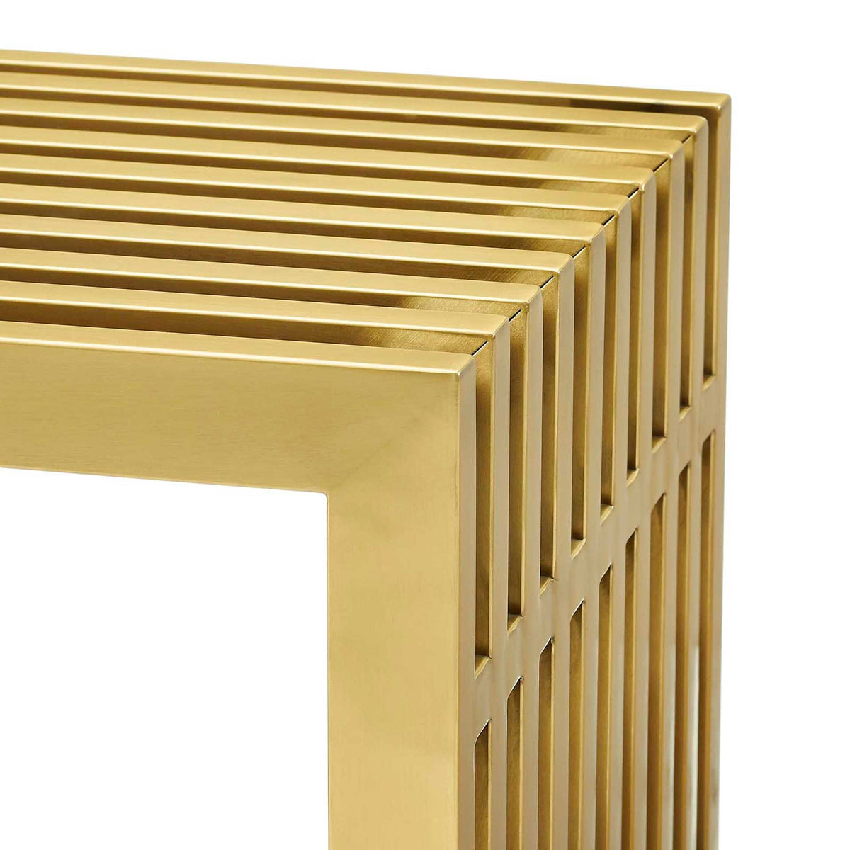 Closely spaced gold slats highlight the smooth metal finish and squared frame.