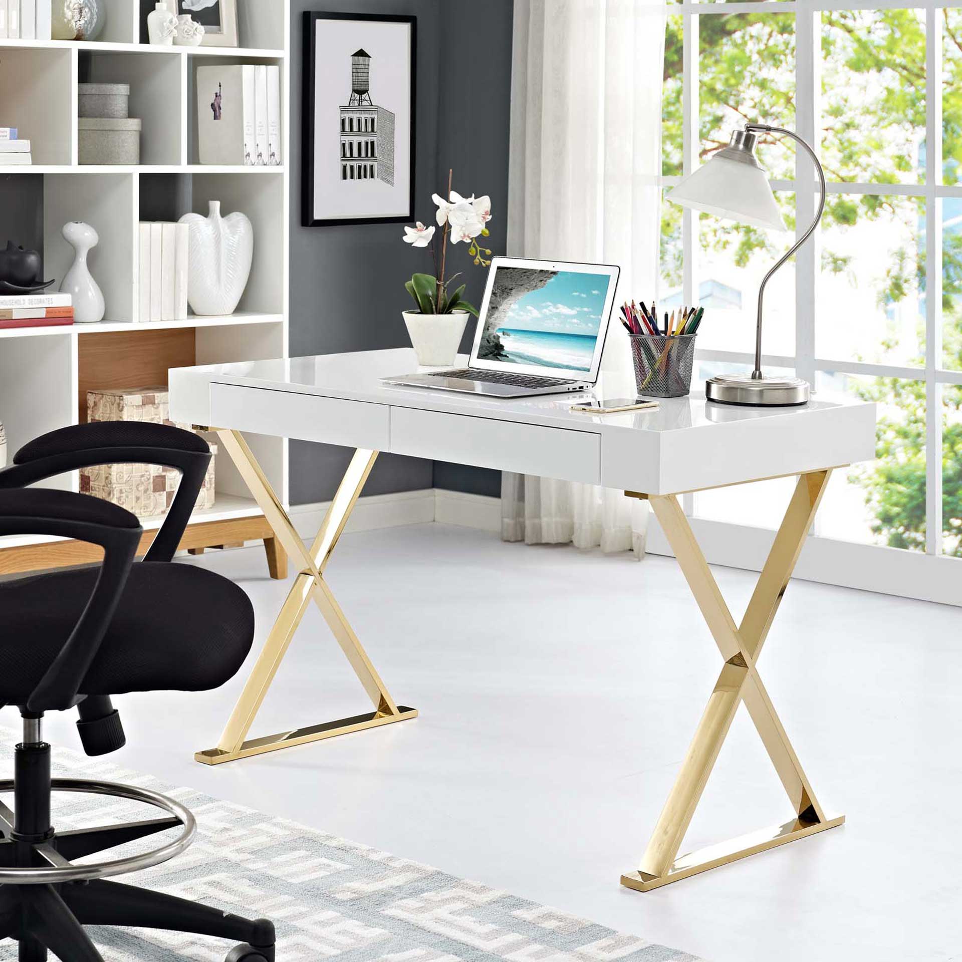 Section Office Desk White/Gold