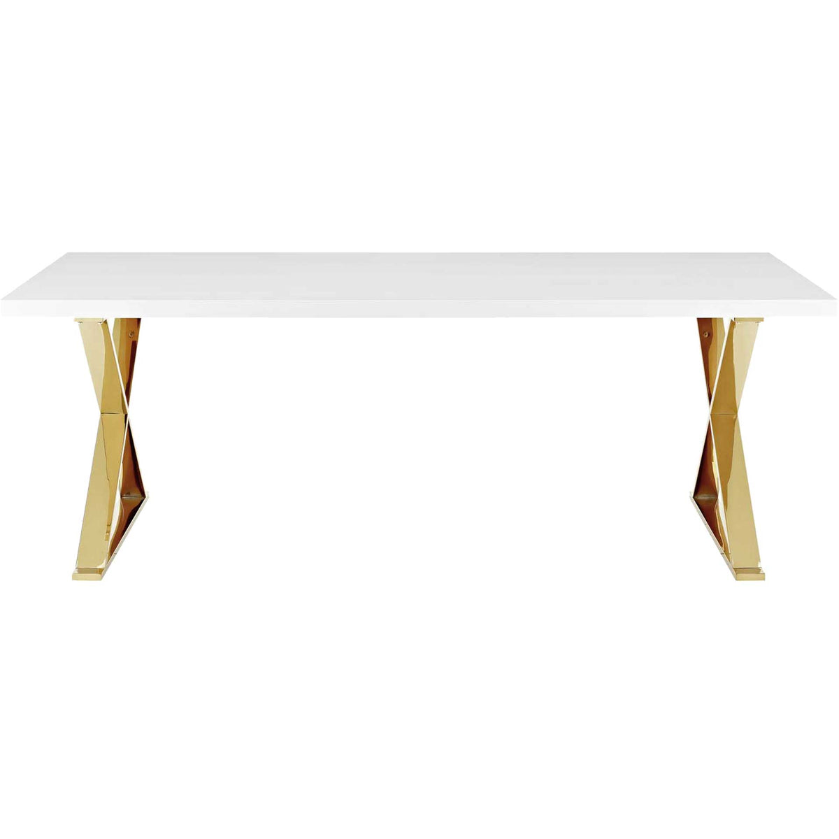 Sleek white tabletop and polished gold supports bring modern elegance to the dining room || EEI-3034-WHI || front_studio