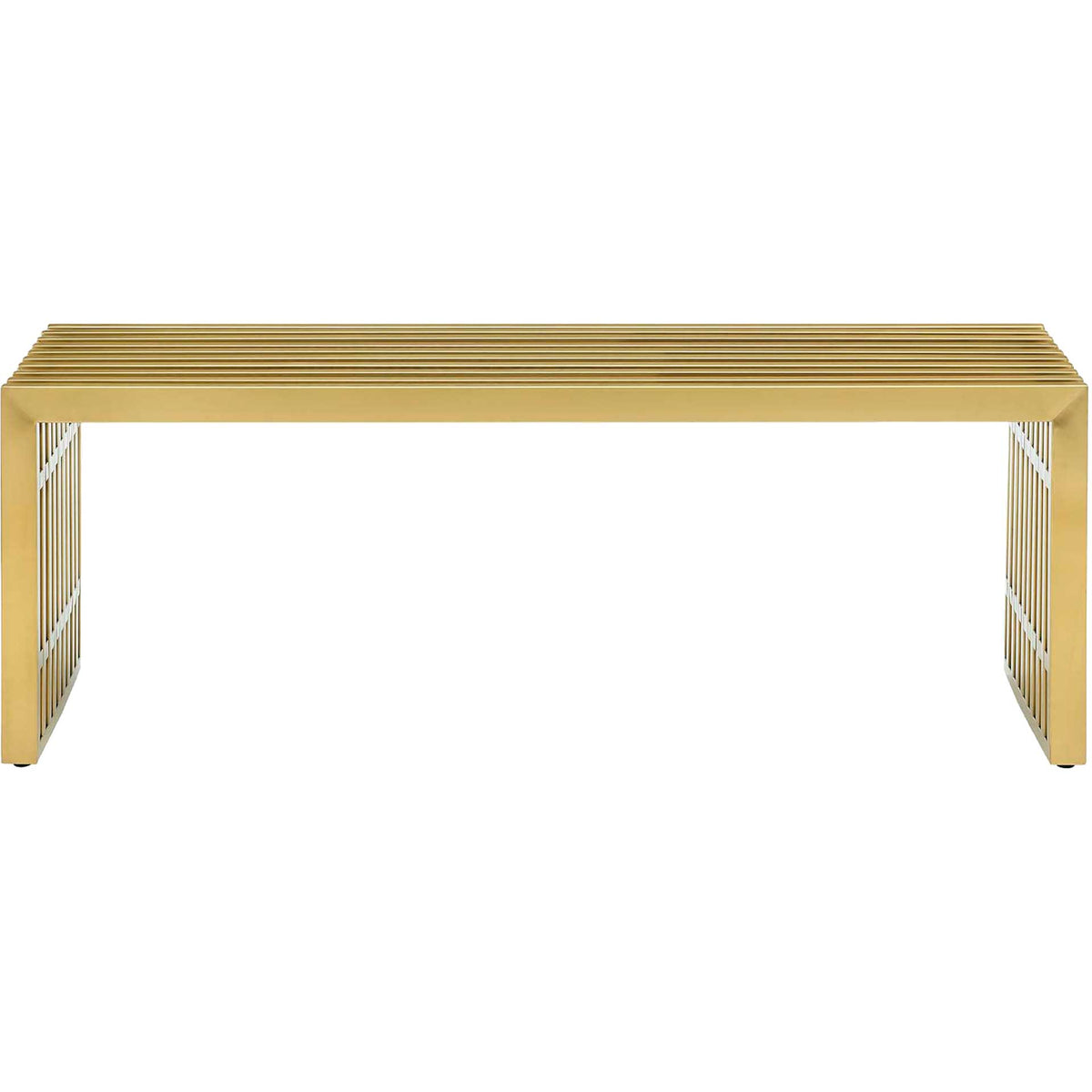 An airy gold bench combines a straight, slatted seat with two open-grid end supports. || EEI-3035-GLD || front_studio
