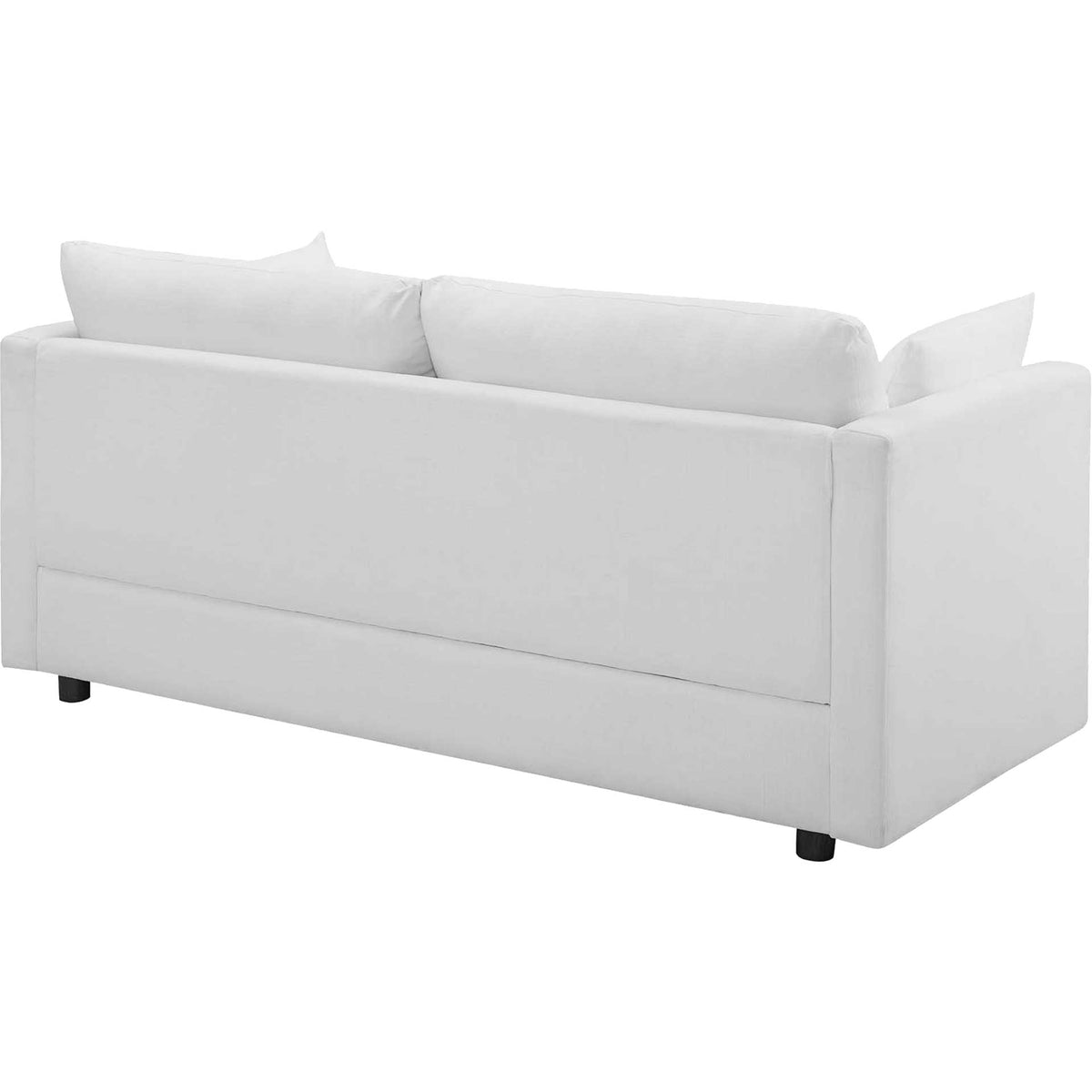 Smooth white upholstery covers the sofa's tailored back, straight arms and dark wood feet