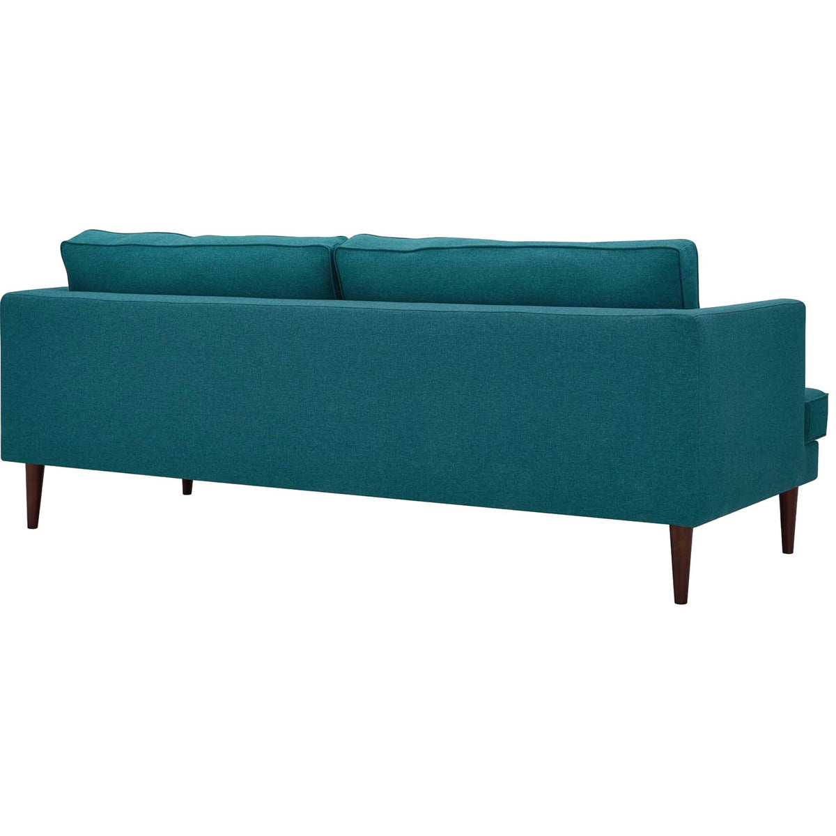 Smooth teal upholstery wraps the sofa back and arms above tapered wood legs