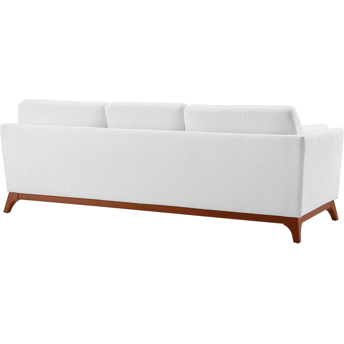 Smooth white upholstery finishes the sofa above a rich wood base and tapered legs
