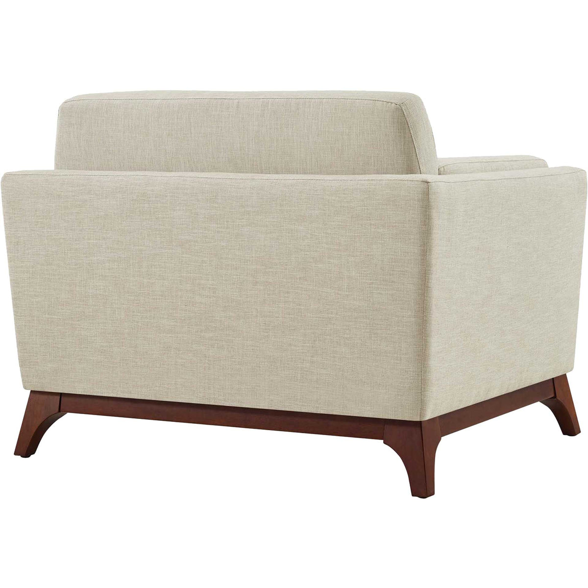 A smooth beige upholstered back sits above a dark wood frame and splayed legs.