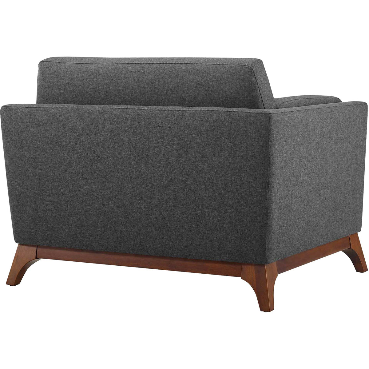 A clean-lined gray upholstered back rises above exposed wood rails and tapered feet.