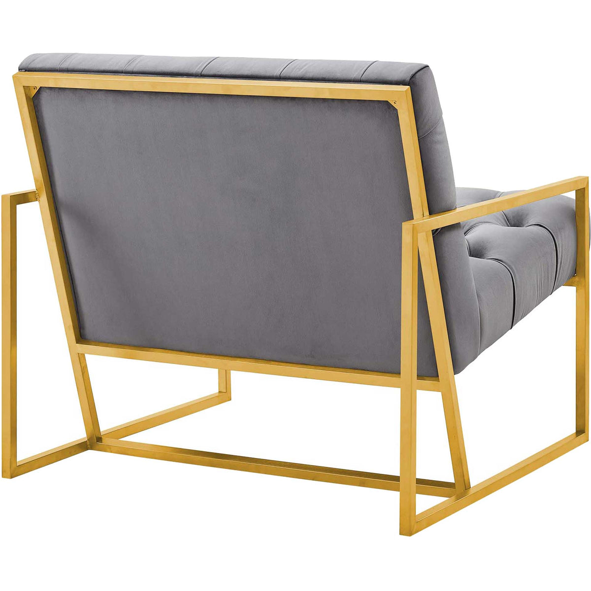 Smooth gray upholstered backrest bordered by a geometric gold-tone metal frame