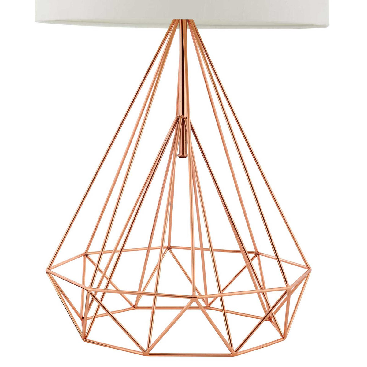 Rose gold steel wires intersect to form an open, diamond-inspired lamp base.