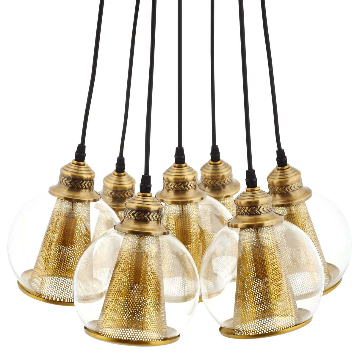 Clear glass globes reveal perforated gold cone shades with decorative fittings and black woven cords.