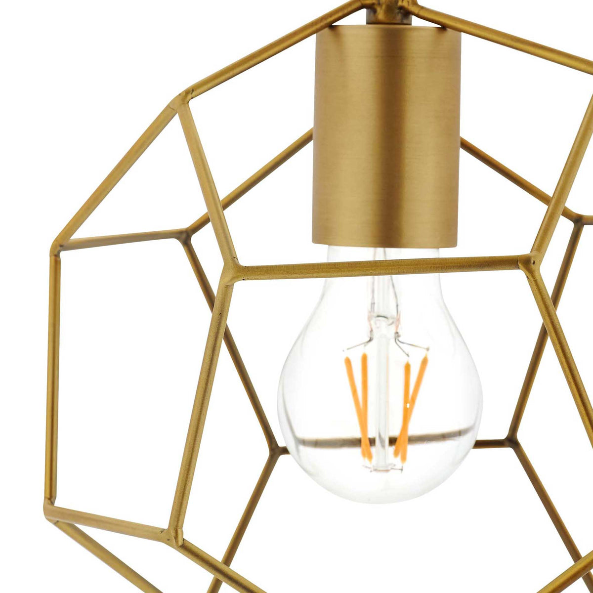 A gold socket and angular metal rods frame the exposed filament bulb