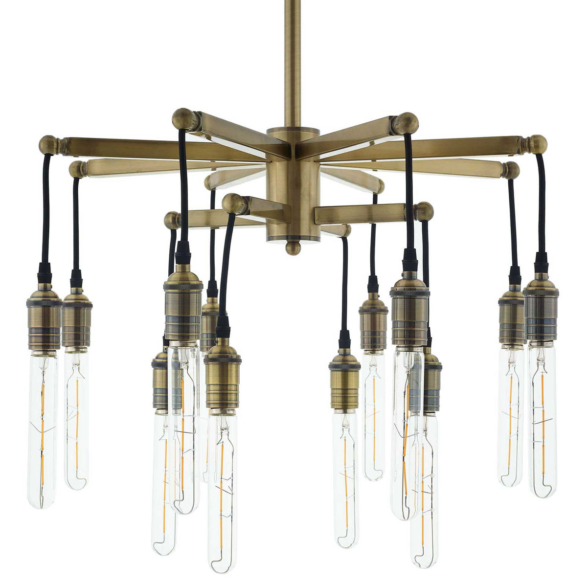 Brass arms radiate in layers above slender bulbs suspended from black cords