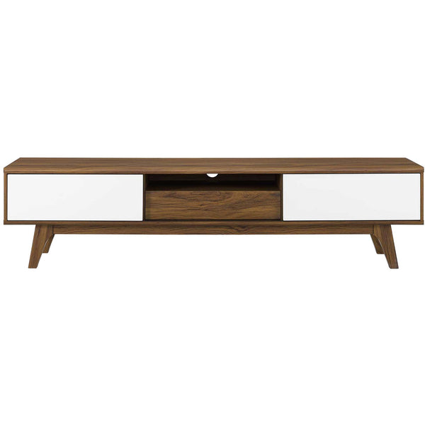 Wide walnut media console with twin white sliding doors and center drawer for organized entertainment storage || EEI-3304-WAL-WHI || front_studio