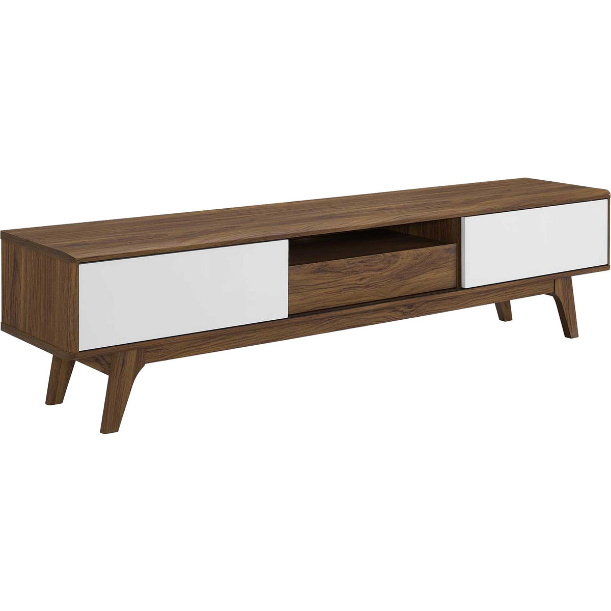 Walnut and white media console showcasing long low profile and flared legs for a mid-century look || EEI-3304-WAL-WHI || front_angle_studio