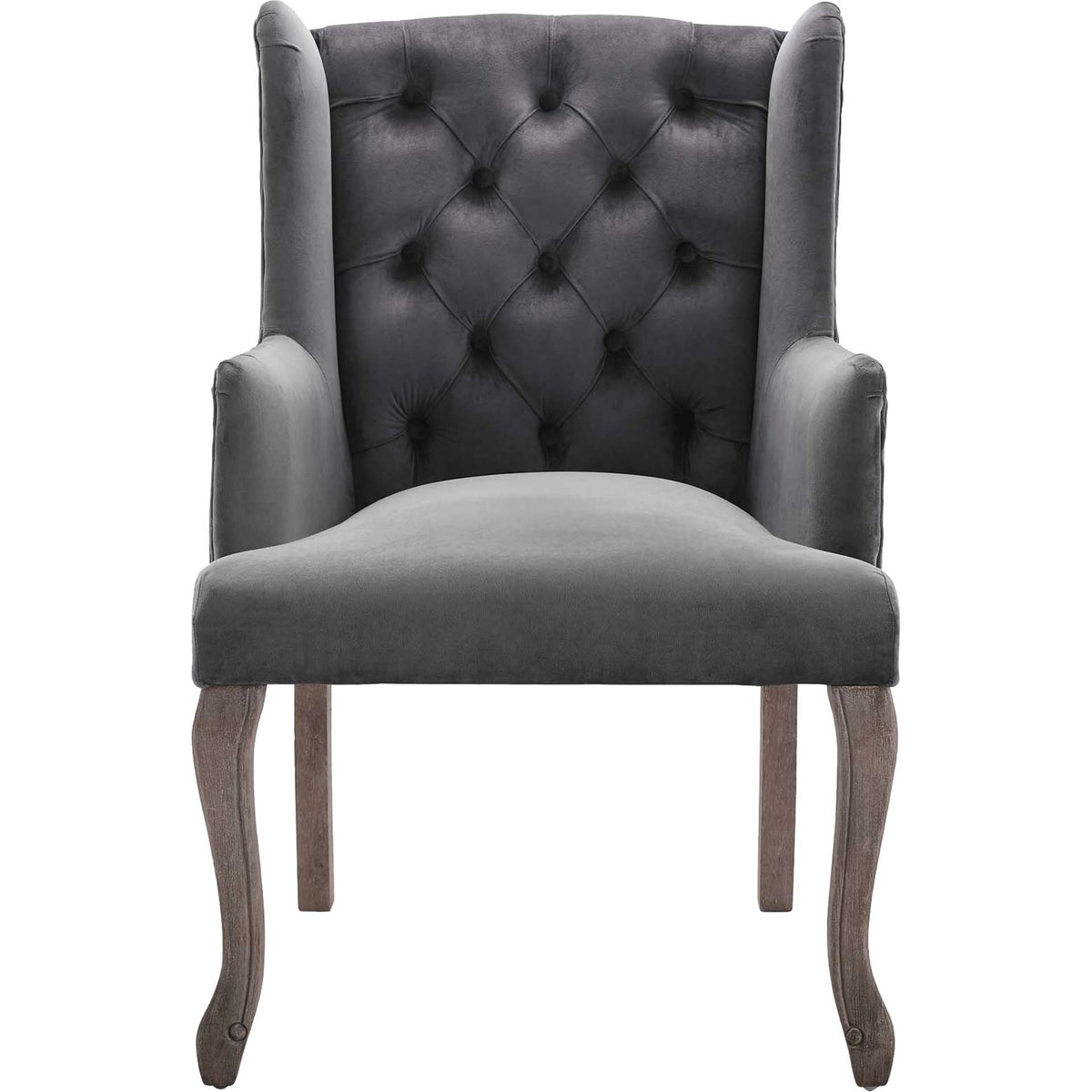 Deep diamond button tufting and a padded seat bring comfort to a gray velvet armchair || EEI-3366-GRY || front_studio