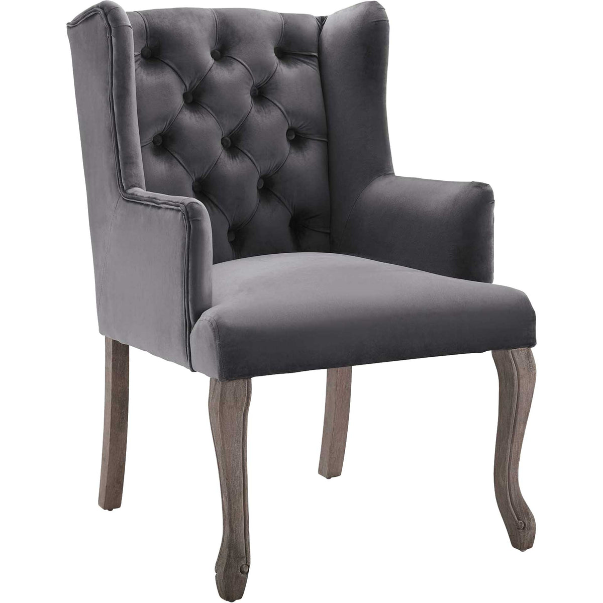 Plush gray velvet wraps a deep-tufted wingback with curved arms and weathered wood legs || EEI-3366-GRY || front_angle_studio