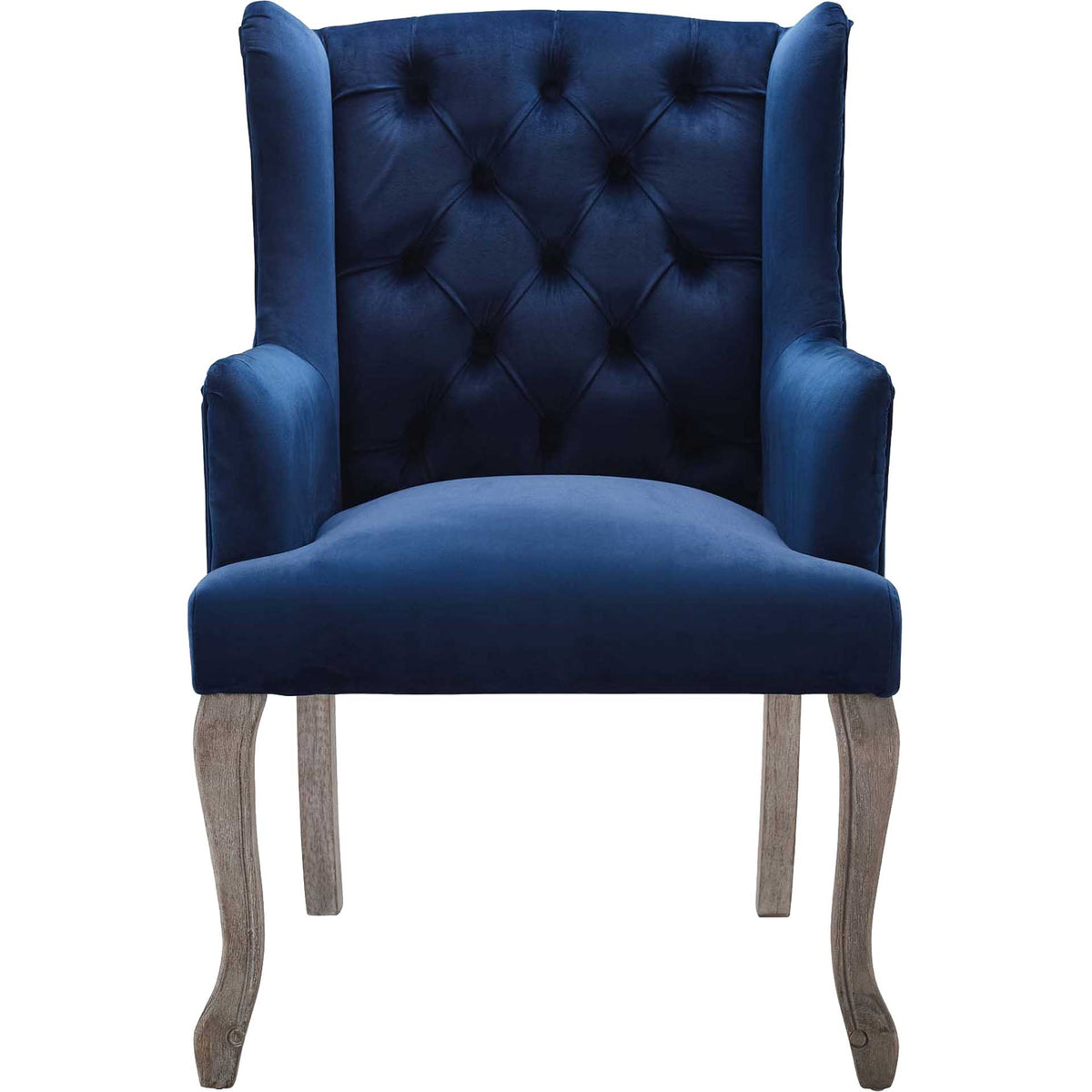 A plush navy velvet seat meets deep diamond tufting and high wingback sides for inviting comfort || EEI-3366-NAV || front_studio
