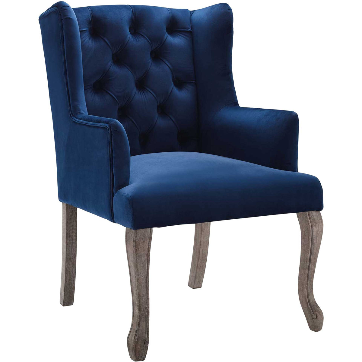 Rich navy velvet envelops a button-tufted wingback with cushioned arms and curved wood legs || EEI-3366-NAV || front_angle_studio
