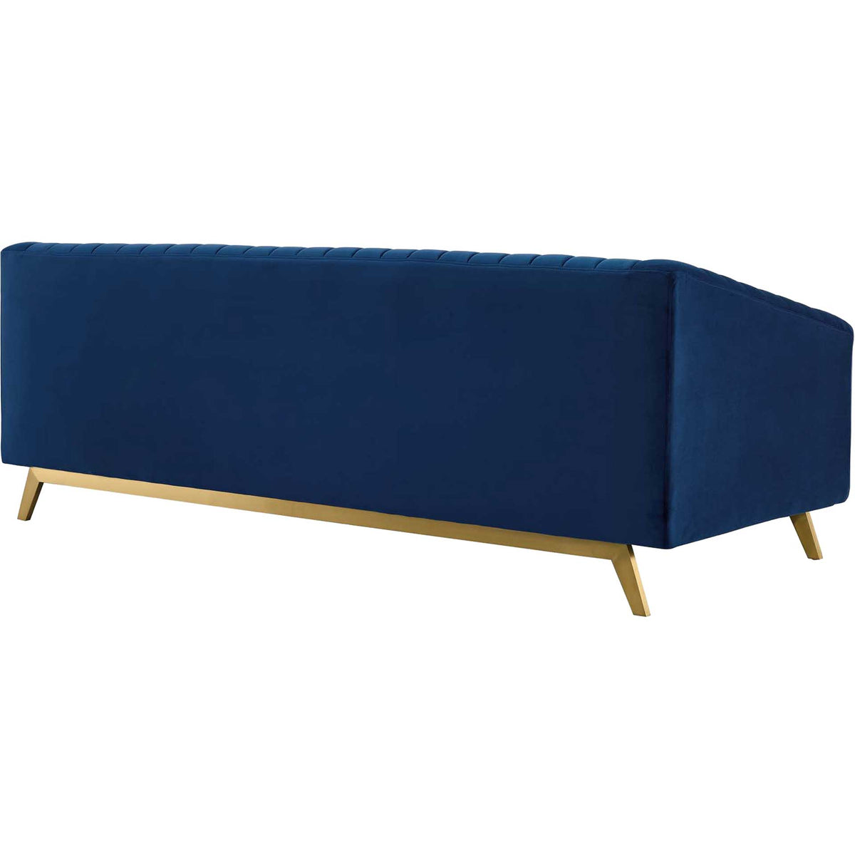 Clean navy velvet back and angled gold legs give this sofa a streamlined silhouette