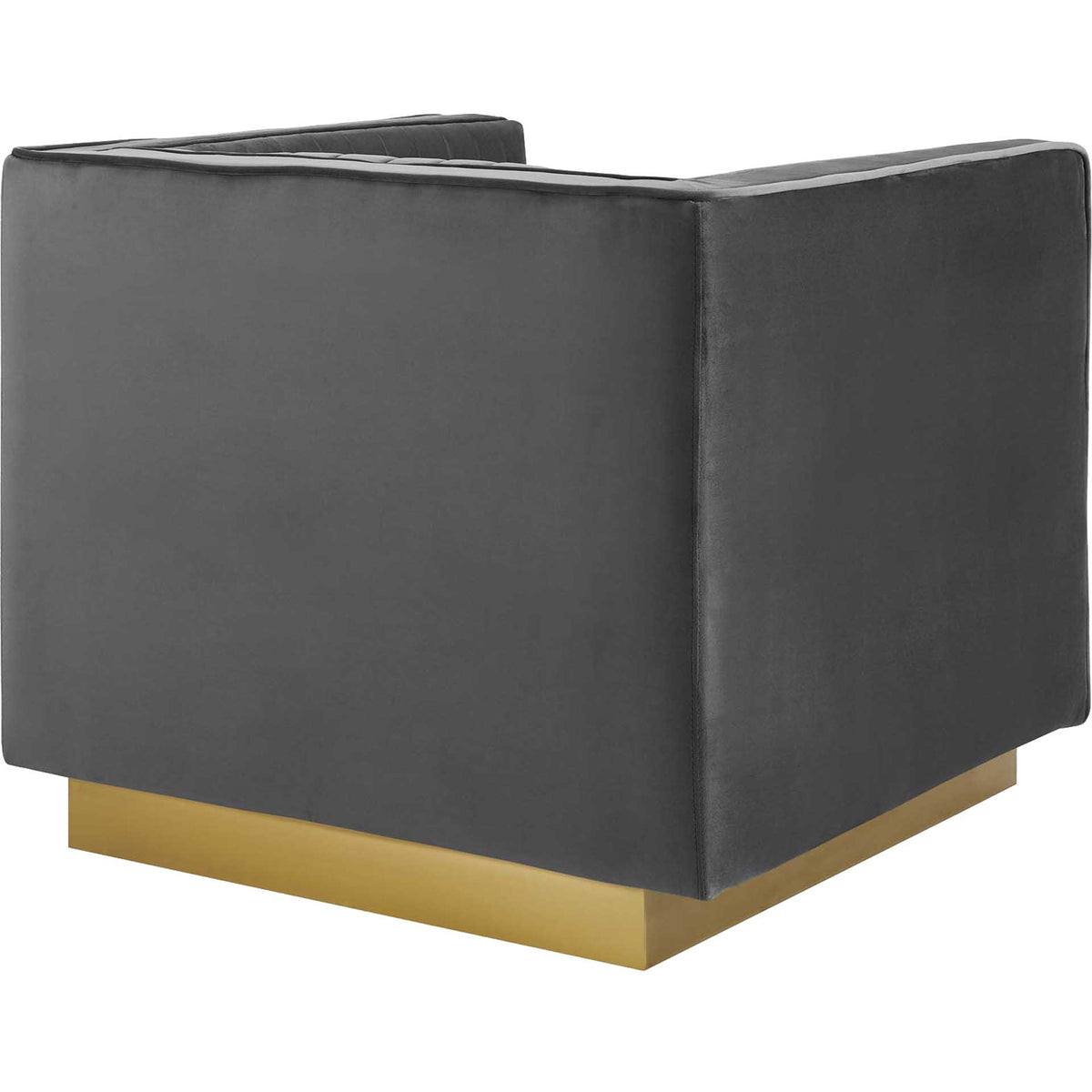 Smooth gray velvet upholstery wraps the chair's clean-lined exterior over a gleaming gold base