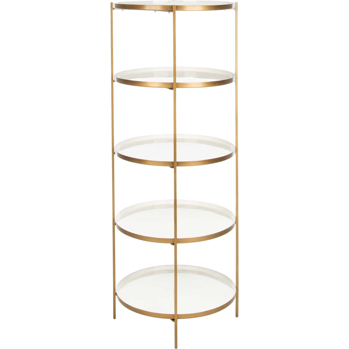 Five white circular shelves rise within a slender brass-finished iron frame. || ETG3202A || front_studio
