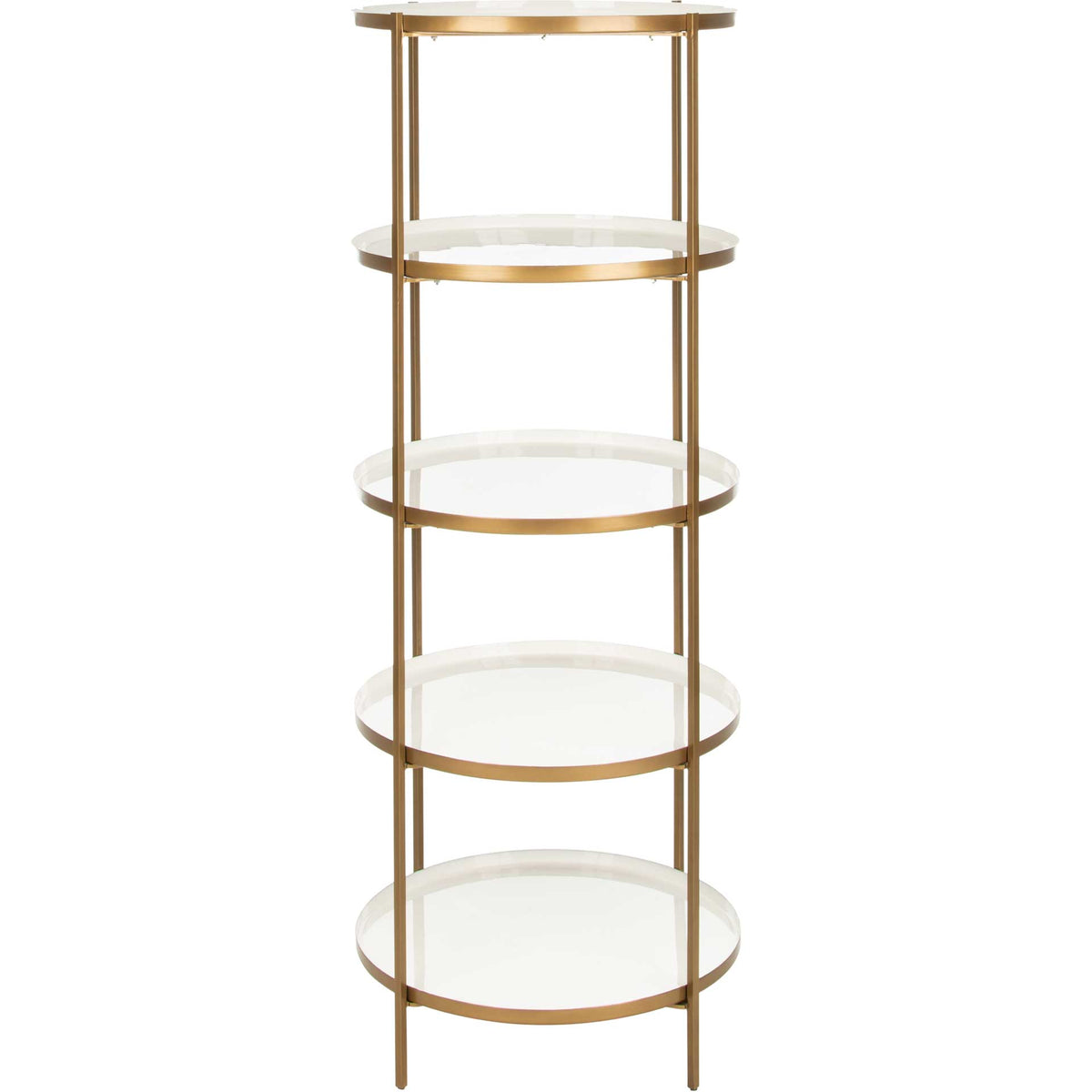 Open brass-finished supports surround five white circular shelves for airy vertical storage. || ETG3202A || side_studio