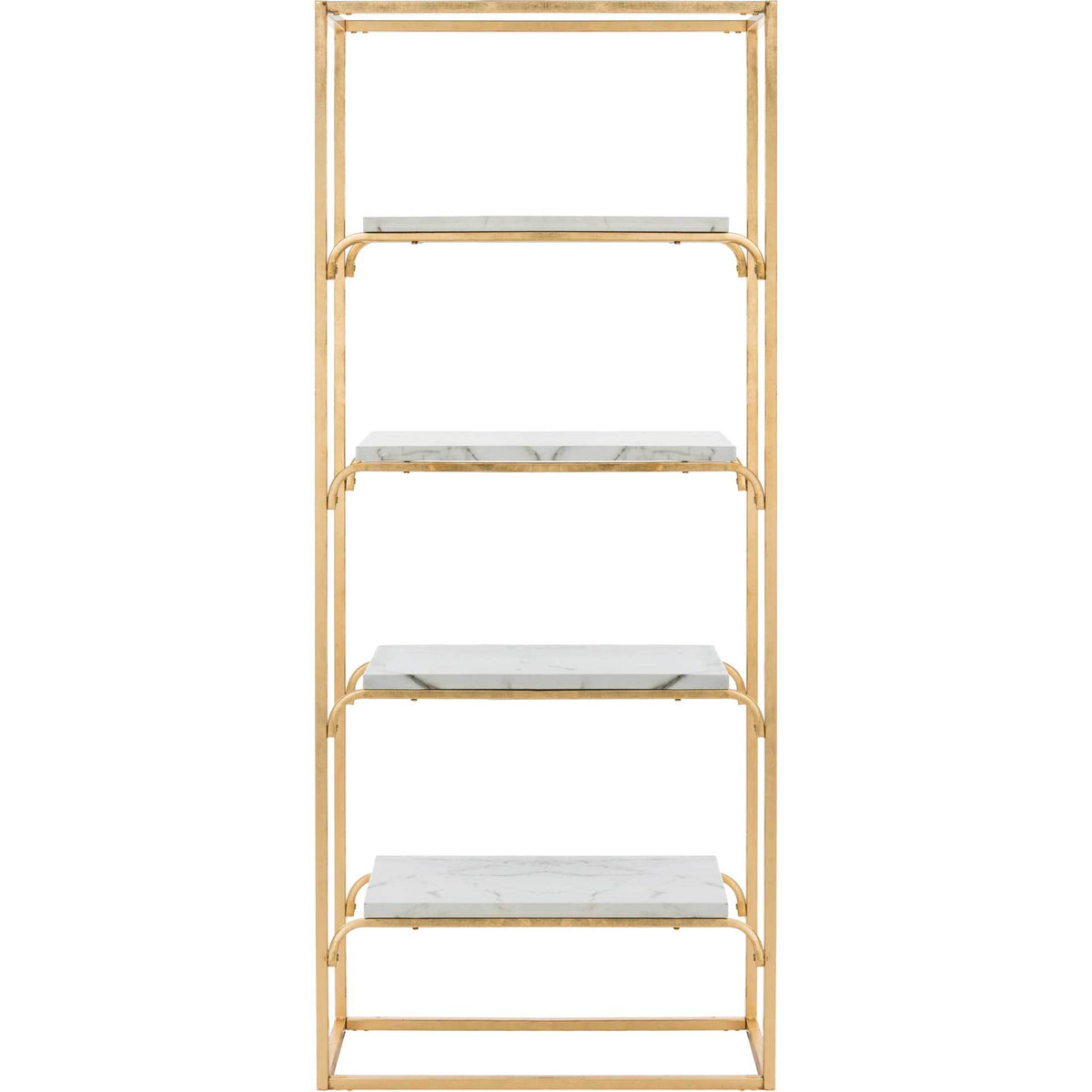Four white marble-veneer shelves stand out within a slender gold-finished frame. || ETG6200A || front_studio