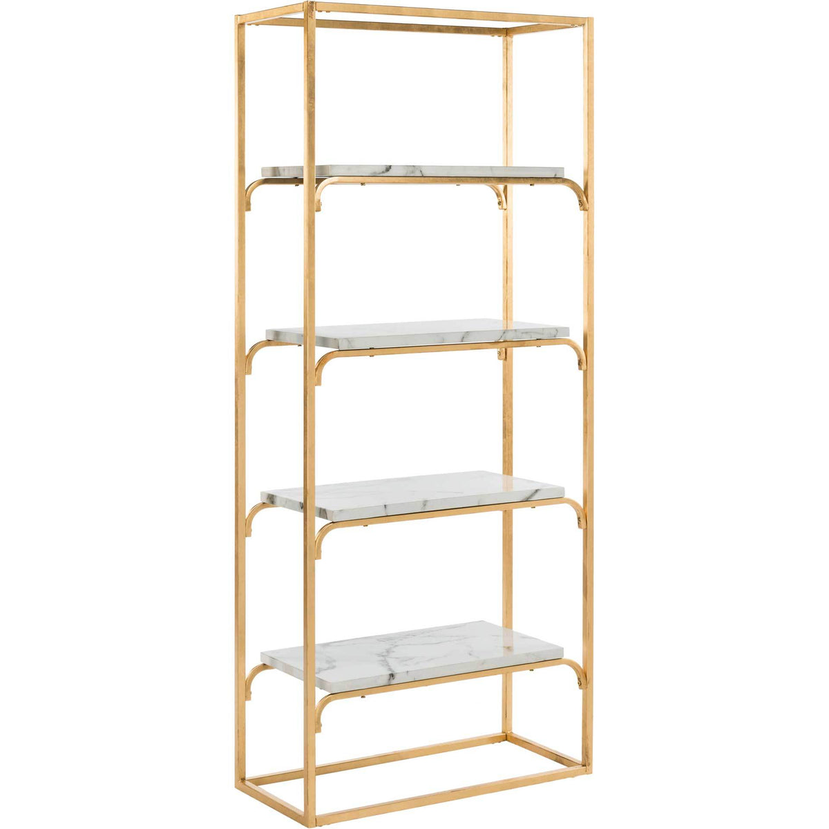 Curved gold supports frame four white marble-look shelves for an elegant, airy display. || ETG6200A || front_angle_studio