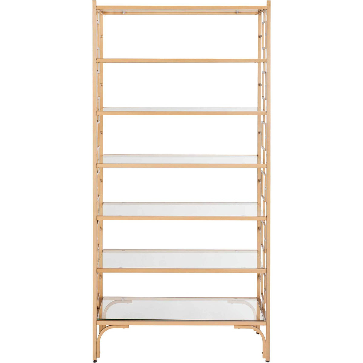 Seven clear glass shelves and an open gold frame offer airy space for books and decor || ETG6203A || front_studio