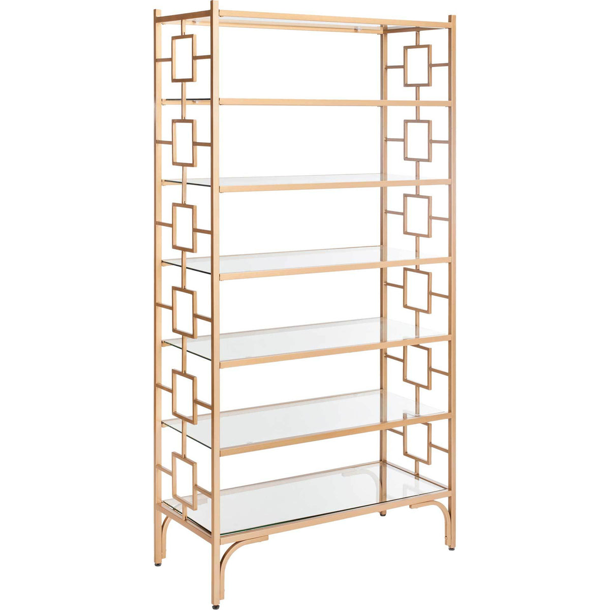 Gold metal etagere pairs seven clear glass shelves with geometric side accents || ETG6203A || front_angle_studio