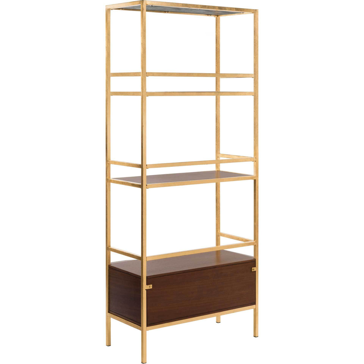 The open gold frame reveals walnut-tone shelving and the enclosed back of the lower drawer.