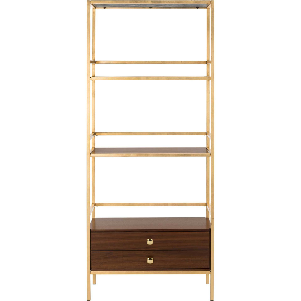 Four open tiers rise above a walnut-finish drawer with two gold knobs. || ETG6205A || front_studio