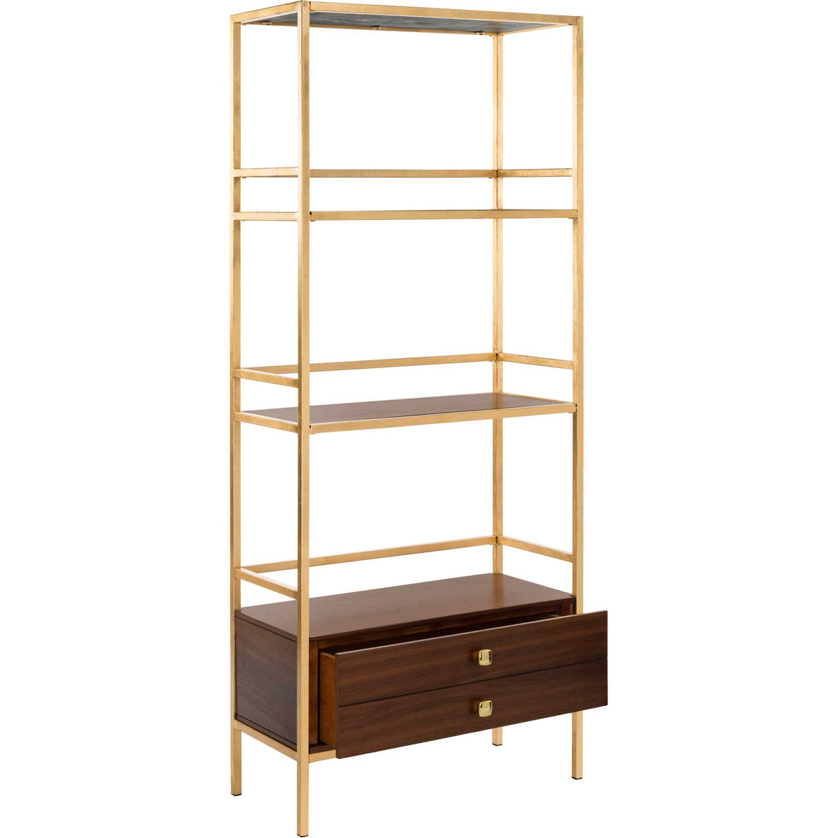 A wide walnut-finish drawer pulls out beneath open shelves framed in gold metal.
