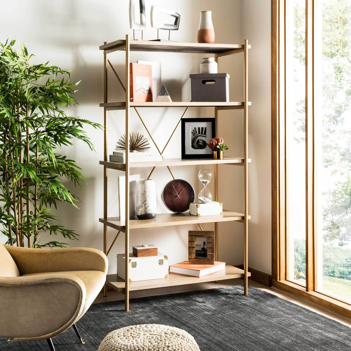 Ridge 5 Tier Etagere Gold Liquid/Rustic Oak