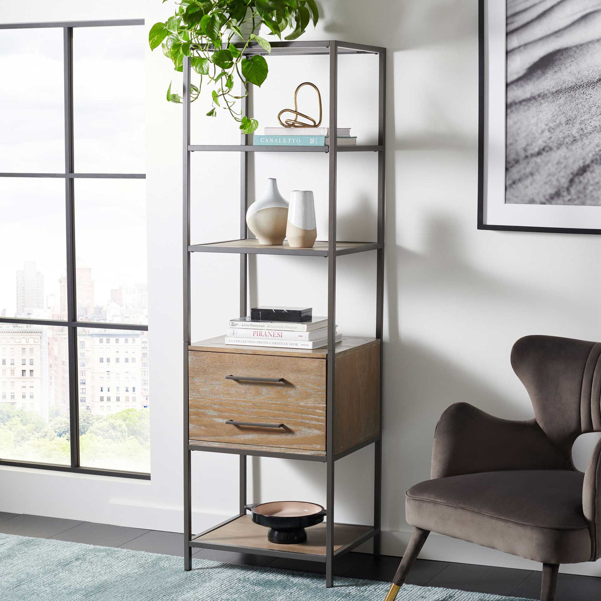 Rustic oak drawers and open shelves offer space for books, vases, and greenery.