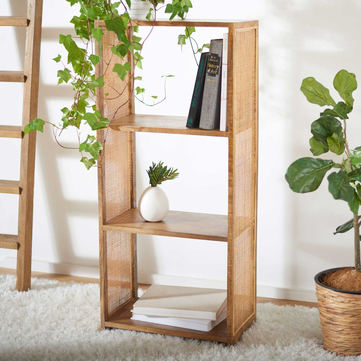 A tall, woven-sided wood etagere displays books, greenery, and decorative accents on three shelves