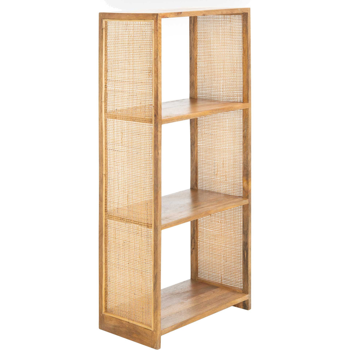 Three shelves and woven mesh side panels bring natural texture to a tall mango wood frame || ETG6501C || front_angle_studio
