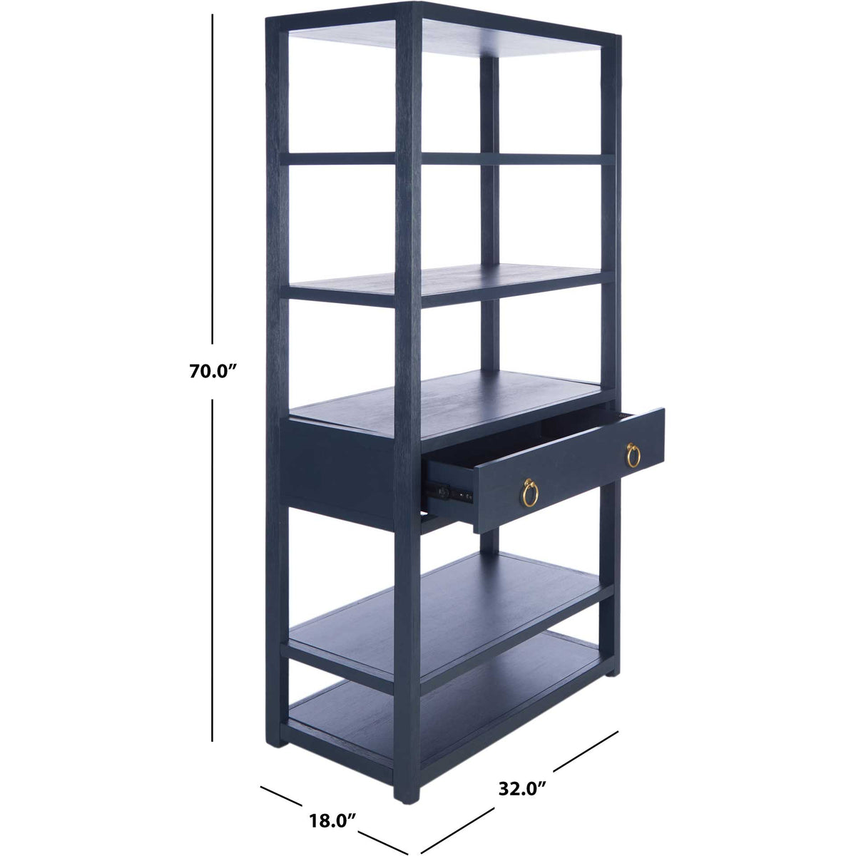 Navy etagere with five shelves measures 32 inches wide, 18 inches deep, and 70 inches tall.