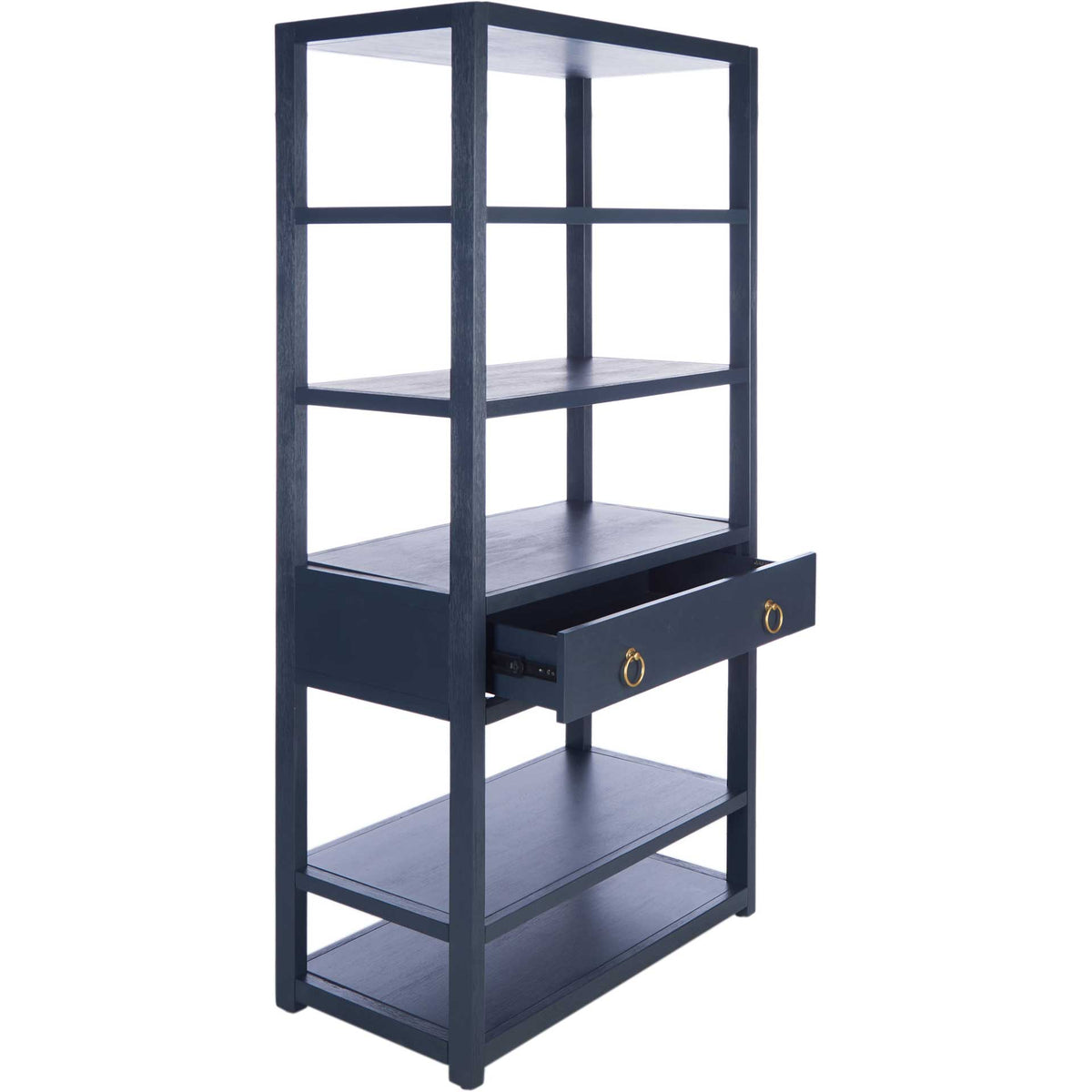 An open navy drawer reveals storage beneath the etagere's display shelves.