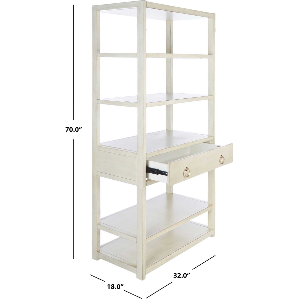 Antique white etagere measures 32 inches wide, 18 inches deep, and 70 inches tall.
