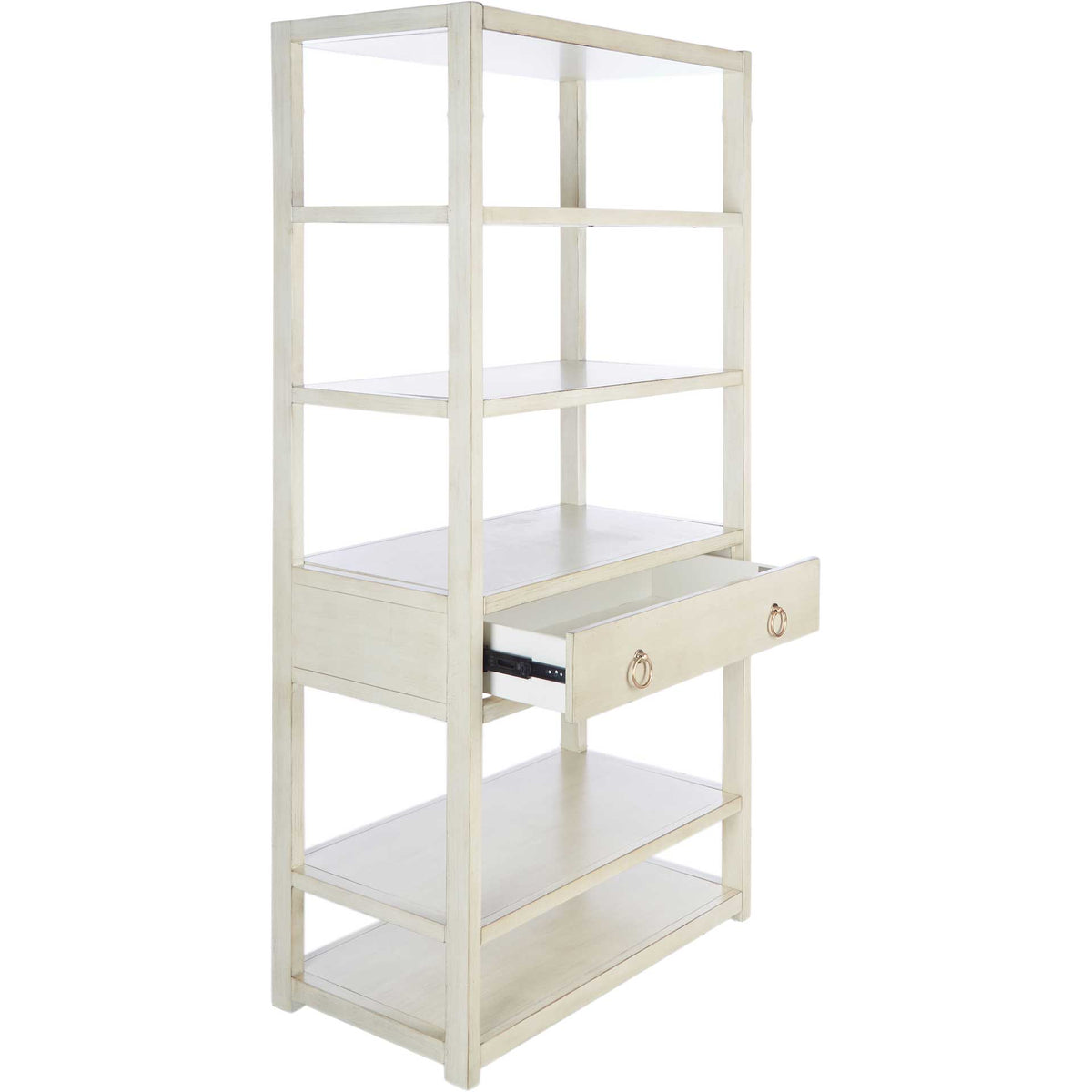 An antique white drawer slides out beneath open display shelves, with gold ring pulls on its face.