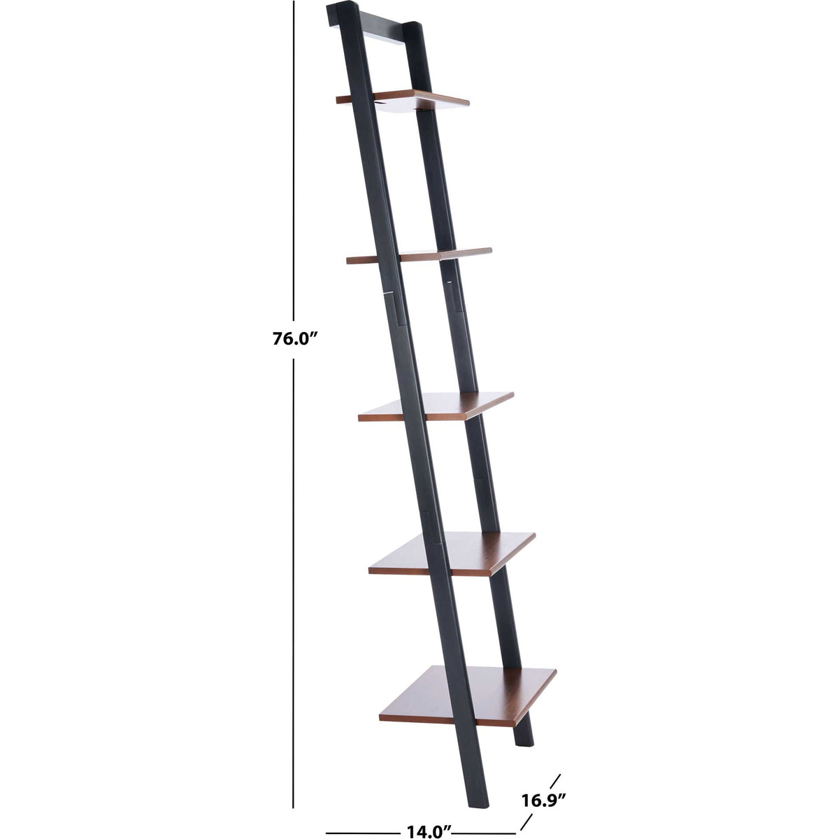 Five-tier shelving stands 76 inches tall with a 16.9-inch width and 14-inch depth