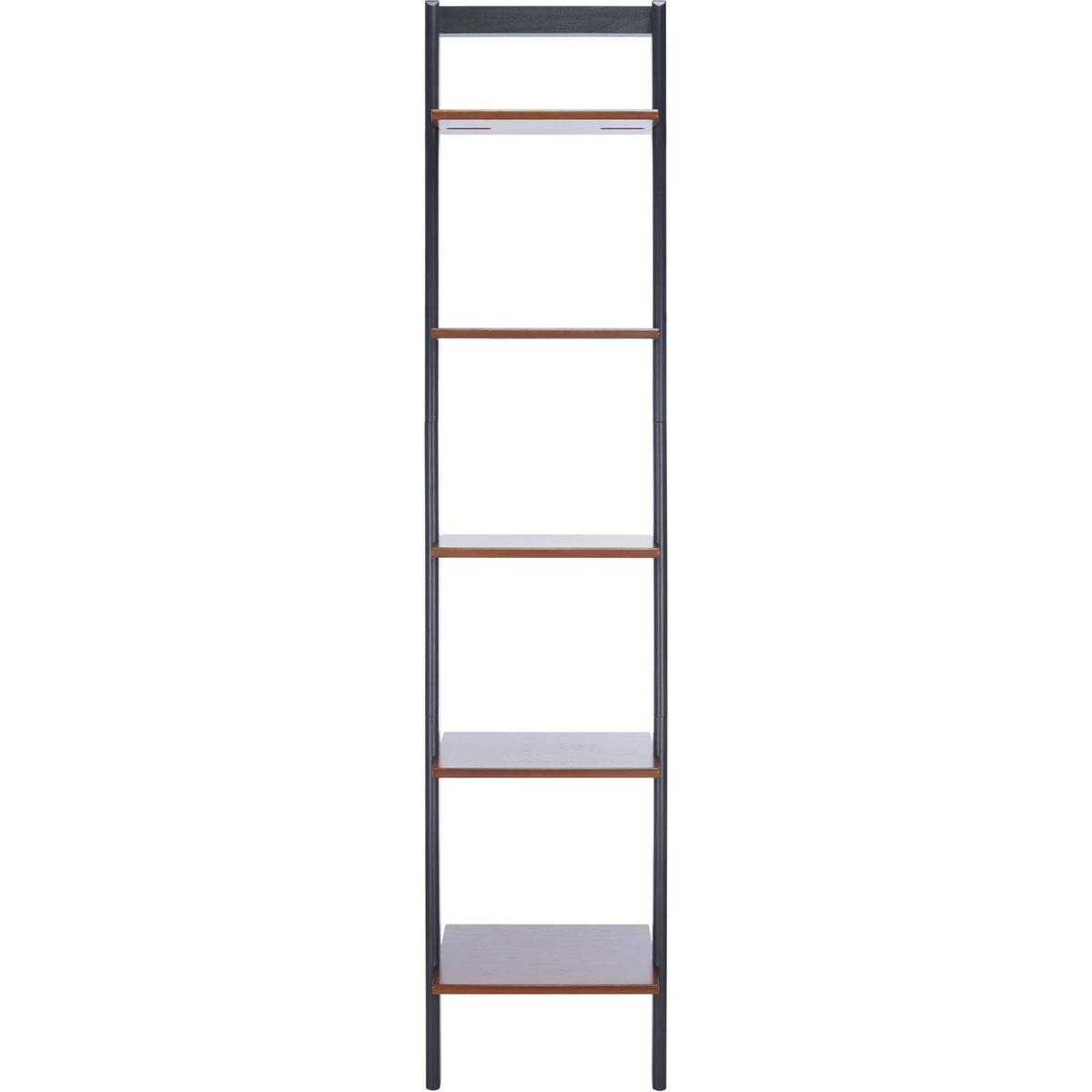 Five rich brown shelves stand out against a charcoal frame for airy display space || ETG9400A || front_studio