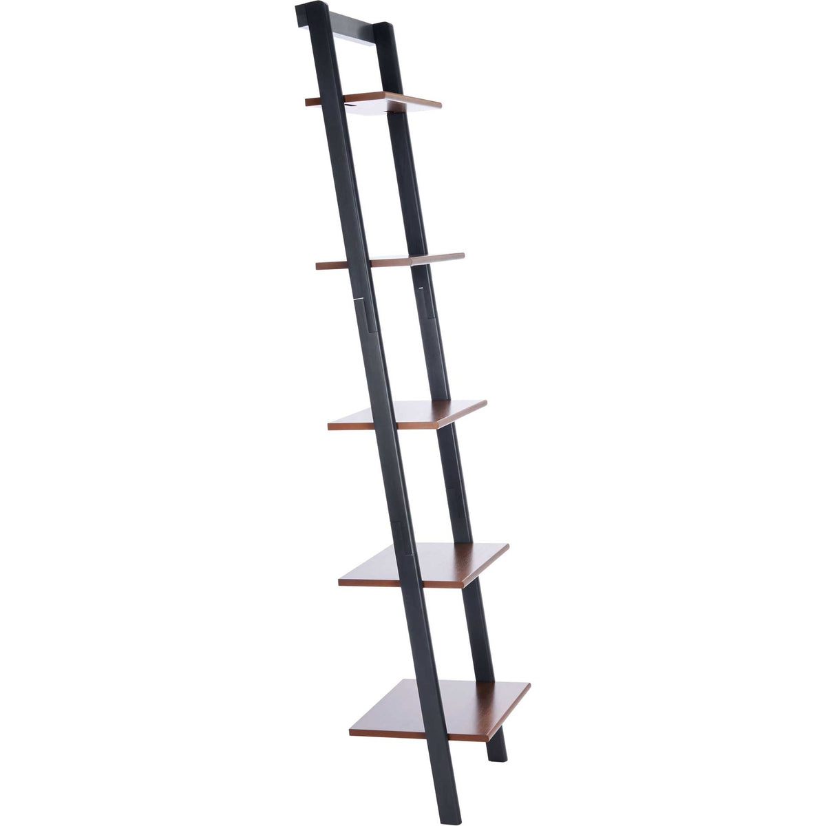 Honey-brown shelves step outward along a slim charcoal frame for a warm, modern display || ETG9400A || front_angle_studio