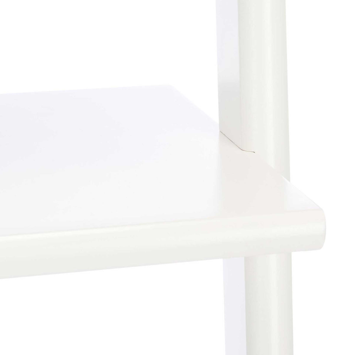 A smooth white shelf has a gently curved edge and a neatly joined upright