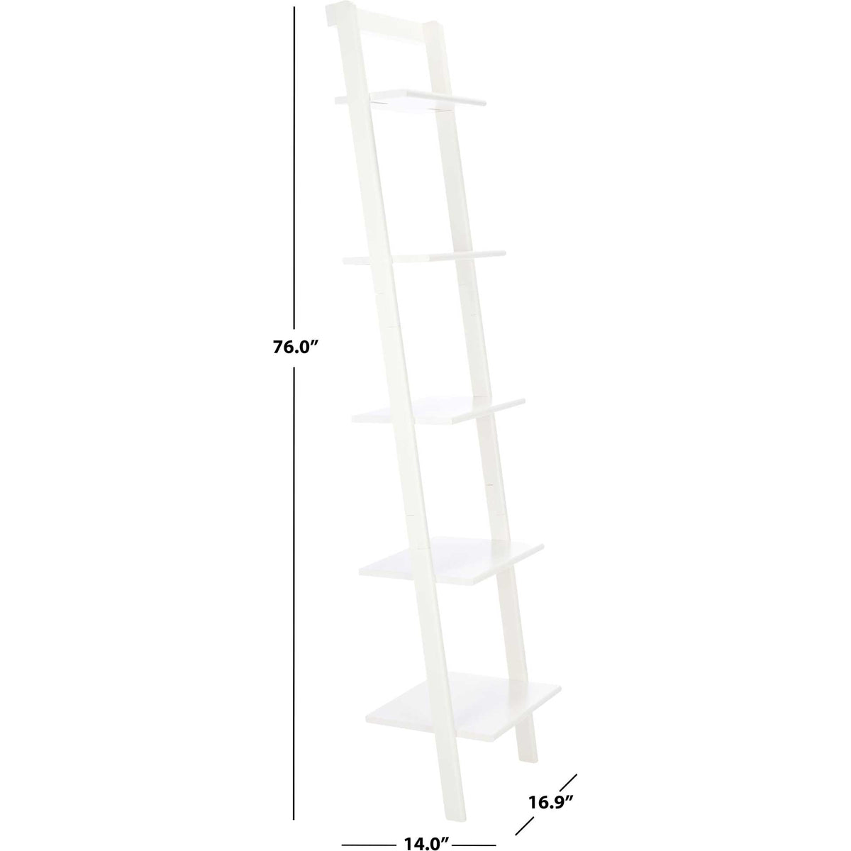 White five-tier shelving stands 76 inches tall, 16.9 inches wide, and 14 inches deep