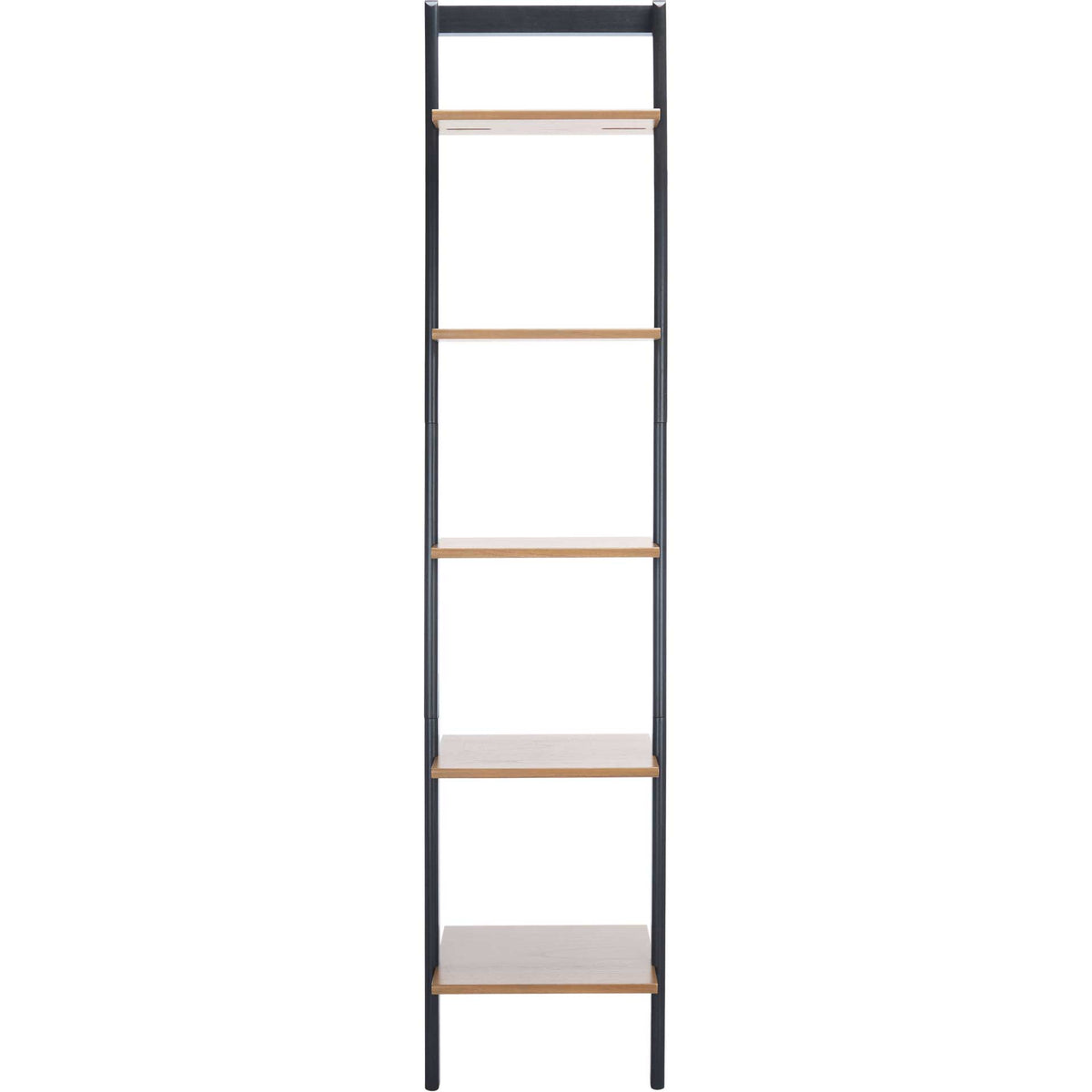 Five natural wood shelves add warmth to the slim charcoal frame and open-tier design || ETG9400C || front_studio