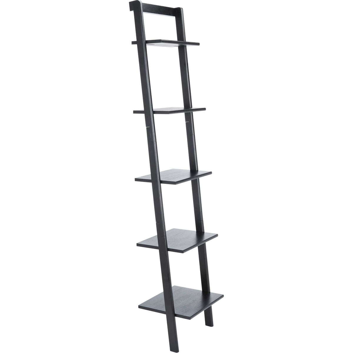 Five graduated black shelves create flexible display space on a slim, leaning frame || ETG9400D || front_angle_studio