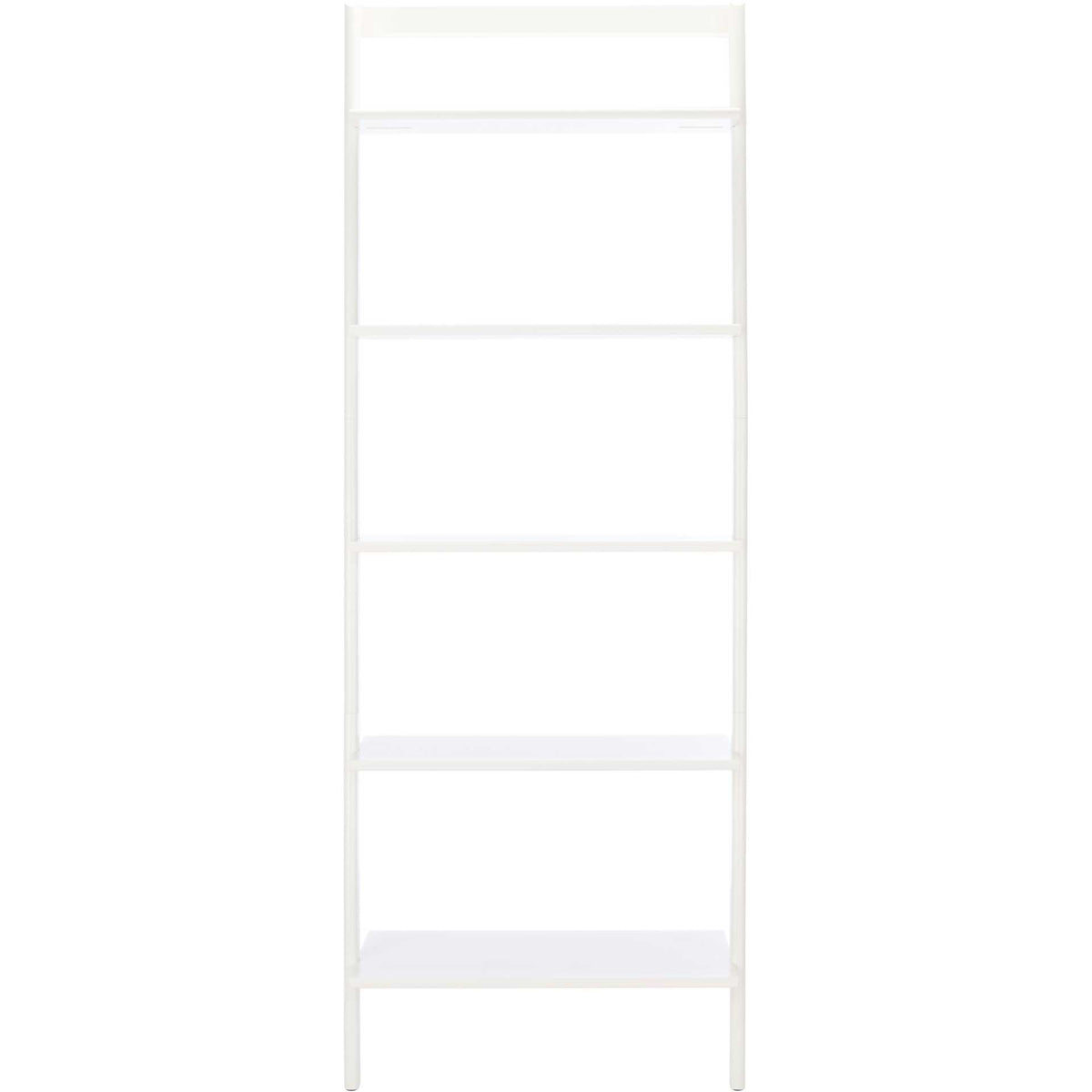 Five crisp white shelves stack within a slim, open leaning frame. || ETG9401B || front_studio
