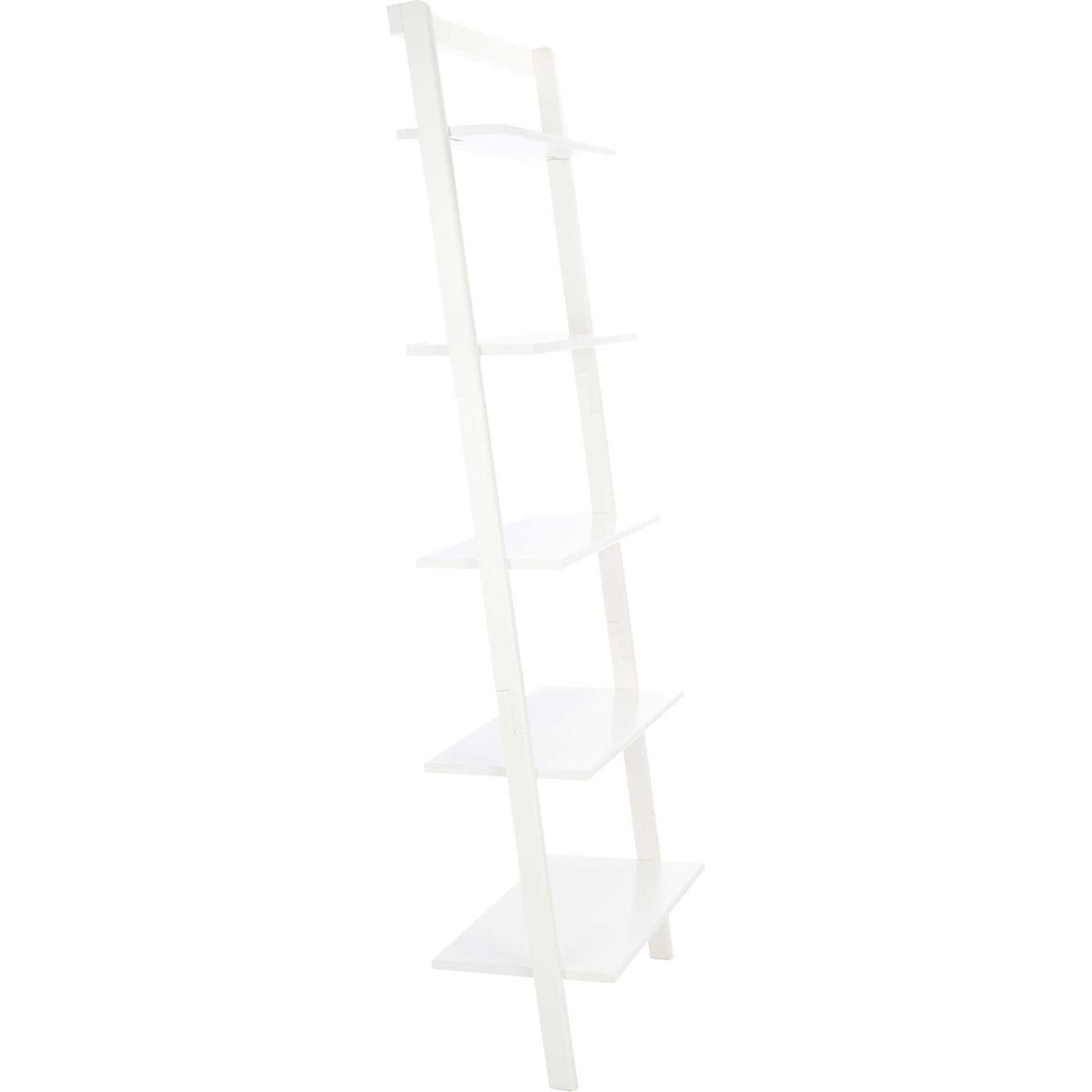 A white ladder frame holds five shelves that grow deeper toward the base. || ETG9401B || side_studio